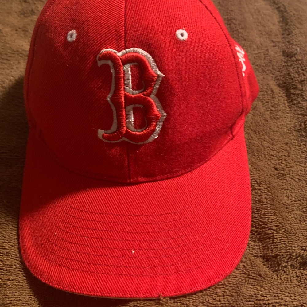 Red and white, Boston Red Sox baseball hat.